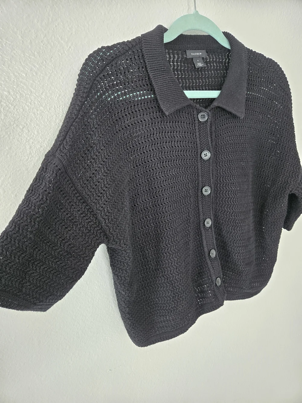 Halogen Black Short-Sleeve Knit Button-Front Top Cotton Size Small Short square